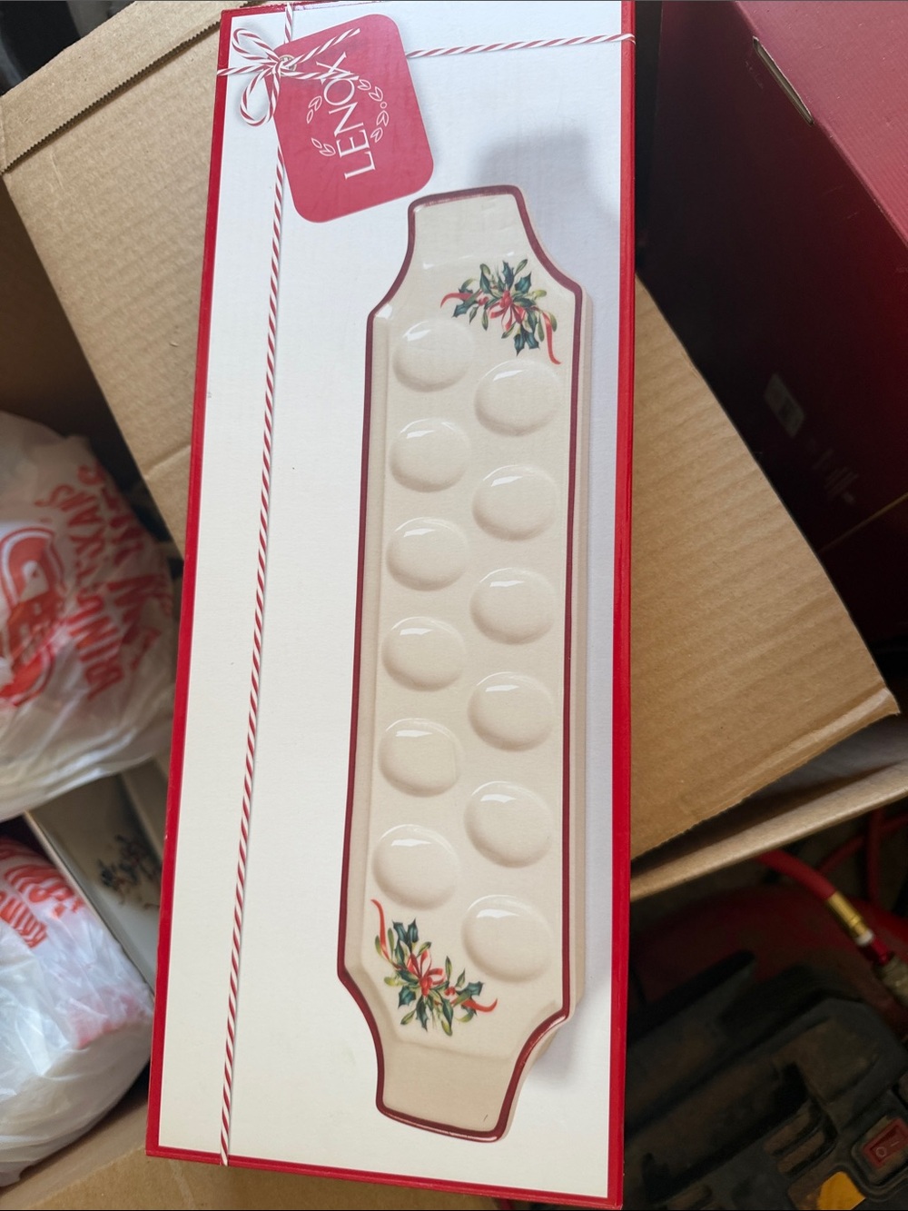 Lenox Cream Ceramic Holiday Egg Tray with Red and Green Floral Accents